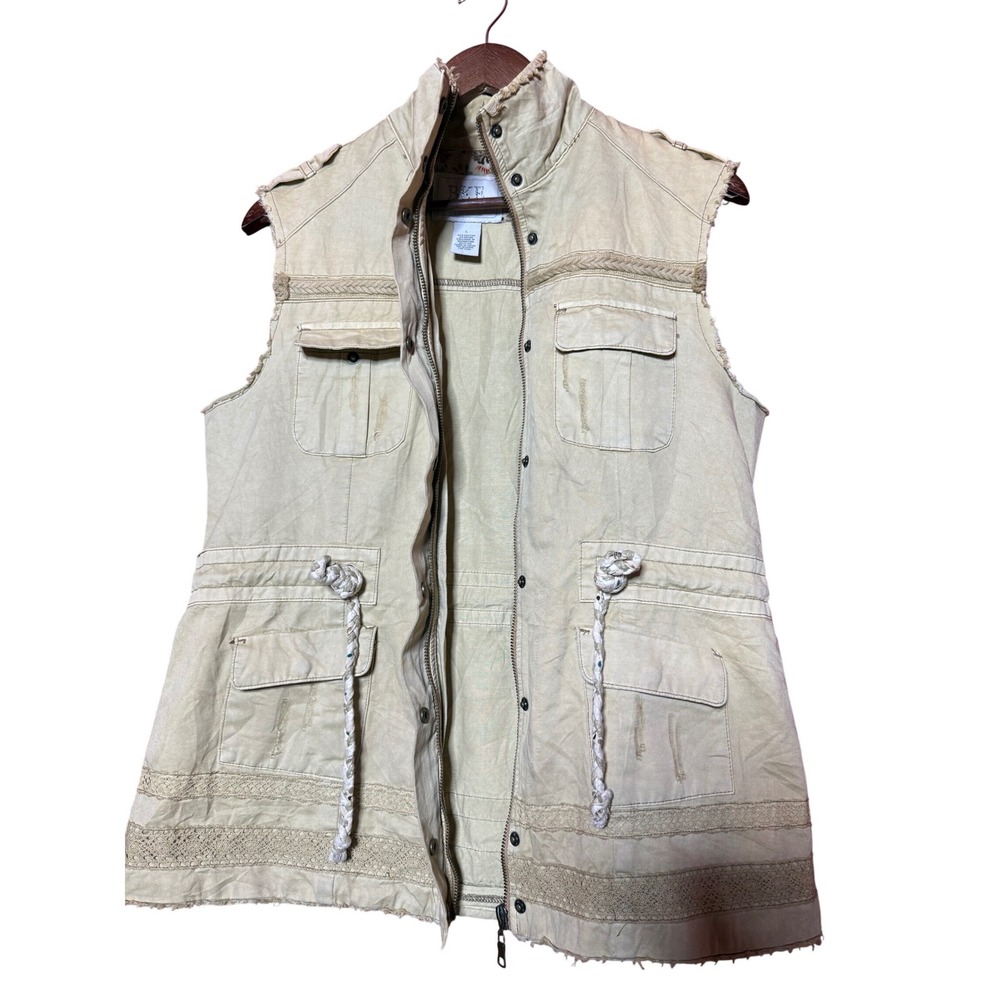 BKE Outerwear Women Large Tan Utility Vest Lace Trim Distressed Raw Hem Cargo - Picture 3 of 12